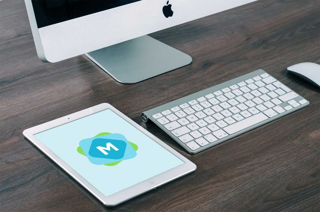 White iPad &amp; Wooden Desk Mockup Mockup Templates